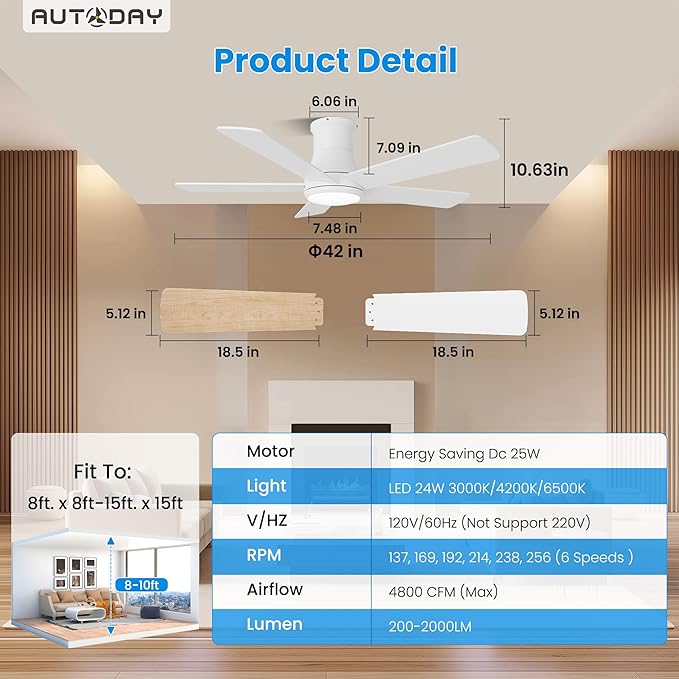 42 Inch Low Profile Ceiling Fan with Light, White Ceiling Fans with Lights and Remote, Flush Mount, 6 Speeds Reversible Quiet DC, 3CCT Dimmable, Indoor Outdoor Ceiling Fans for Patios Bedroom
