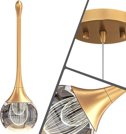 3-Pendant Lights Kitchen Island,Crystal Gold Globe LED Chandelier, Modern Dimmable Adjustable Height Hanging Light Fixture,Sloped Ceiling,Bedroom,Dining Room