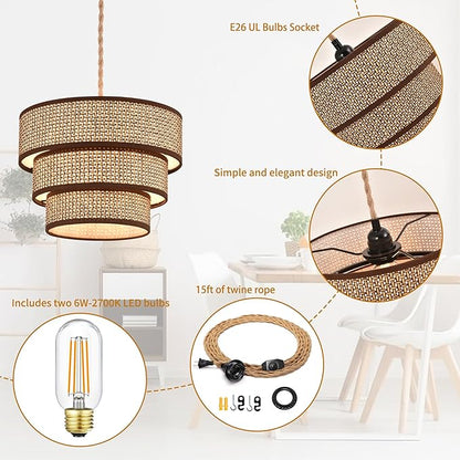 XININSUN Rattan Plug in Pendant Light Boho Wicker Lampshade Hanging Lights with Plug in Cord Plug in Chandelier for Bedroom Kitchen Dining Room Island