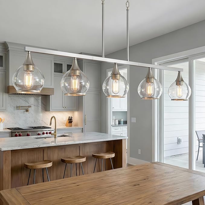 Kitchen Island Linear Pendant Light, 5-Light Modern Chandelier with Clear Glass Globe Shades, Linear Lighting Fixture Over Dining Table, Brushed Nickel