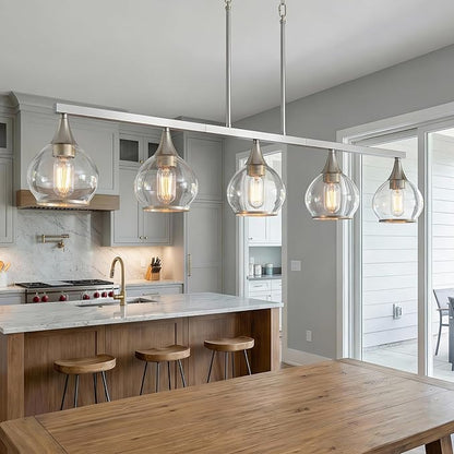 Kitchen Island Linear Pendant Light, 5-Light Modern Chandelier with Clear Glass Globe Shades, Linear Lighting Fixture Over Dining Table, Brushed Nickel