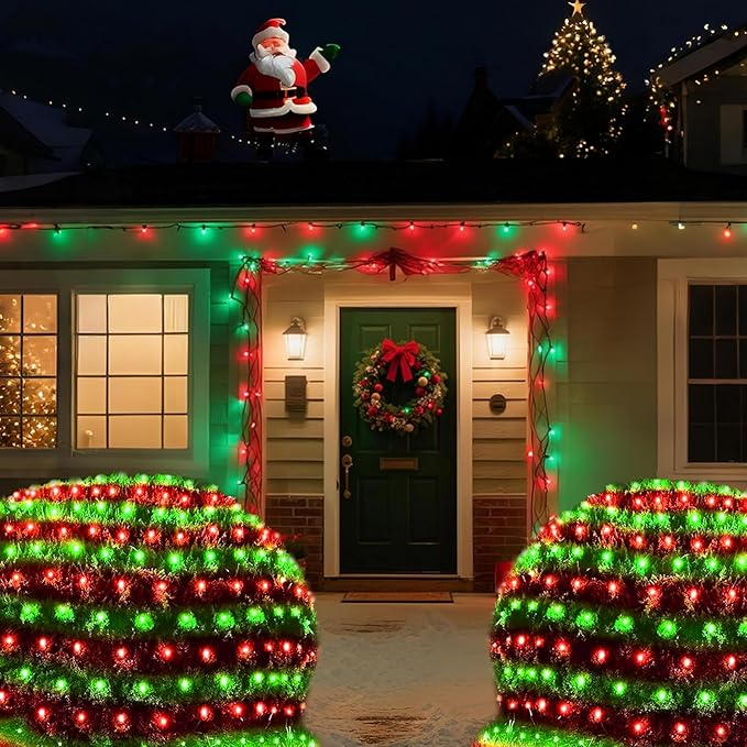 Pooqla Christmas Net Lights, 300LED Outdoor Net Mesh Lights, 14.8x4.9 ft Fairy String Lights 8 Modes Green Wire, Connectable Waterproof Decorative for Bushes Tree Yard, Red and Green