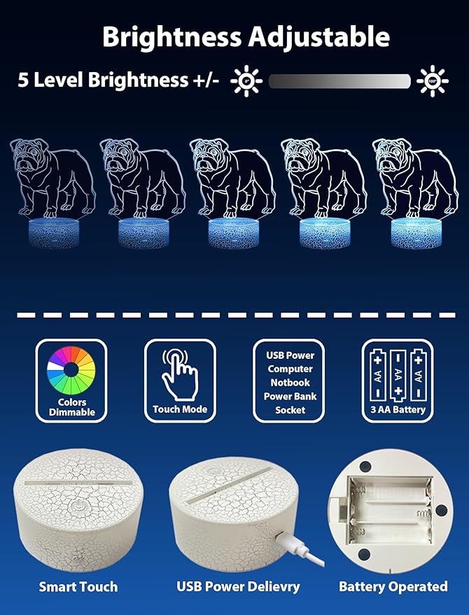 Bulldog Night Light, 16 Colors Changing Dimmable with Remote, Bulldog Memorial Gifts for Loss of Dog, Bulldogs Lamp Home Room Office Decoration