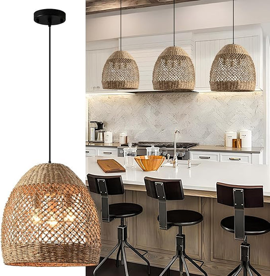 13.8" Farmhouse Woven Chandelier Rattan Wicker Lighting for Dining Room Boho Light Fixture Hanging 3-Lights Brown Pendant Light Kitchen Island for Restaurant Bedroom Breakfast Entryway Bar