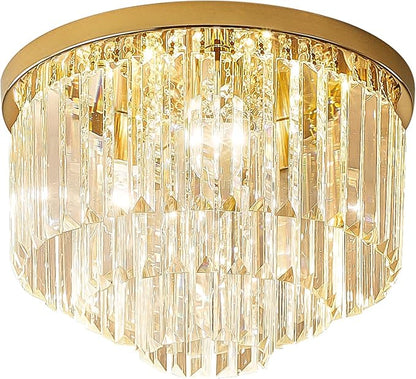Modern French Gold Crystal Chandelier Ceiling Light,16" Semi Flush Mount 5-Lights 3-Tier Crystal Round Chandelier Light for Bedroom Living Room