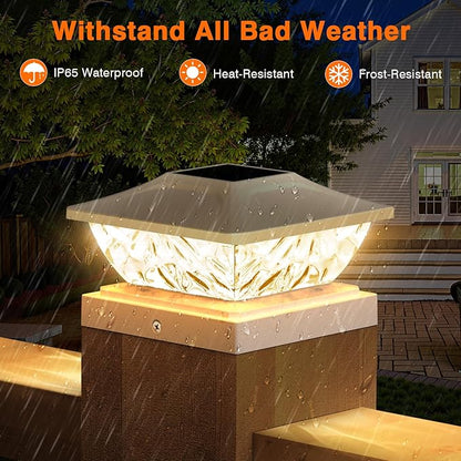 Solar Post Cap Lights Outdoor, 2 Mode Bright Solar Post Lights Outdoor Waterproof Fence Post Cap Lights, Outdoor Post Lights Solar Powered Deck Light for 4x4 4.5x4.5 5x5 Posts, 2 Pack