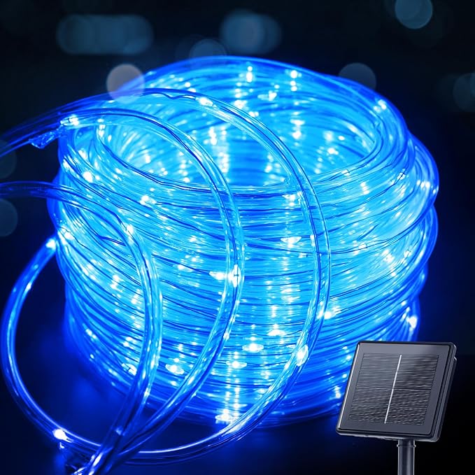 Brightown Solar String Lights Outdoor, 39FT 100 LED Rope Lights Solar Powered with 8 Lighting Modes, Waterproof Solar Patio Lights, Solar String Lights for Outside Tree Yard Halloween Decoration, Blue
