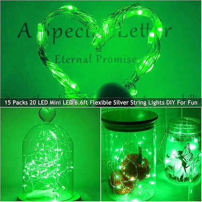SmilingTown 15 Packs 20 Led Green Fairy Lights Battery Operated St Patricks Day Lights 6.6ft Silver String Lights Waterproof Firefly Starry Light for DIY Table Centerpieces Halloween Christmas Party