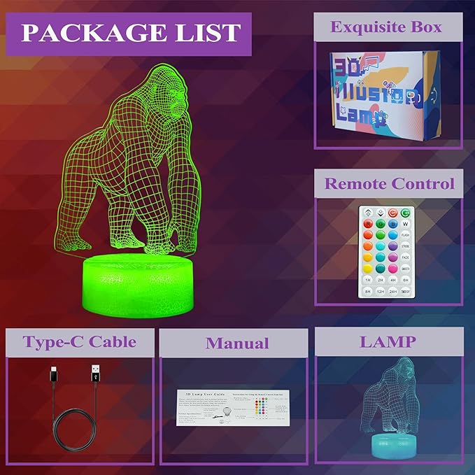 Gorilla Night Light, Gorilla Gifts, Ape 3D Illusion Night Light, 16 Colors Changing, Remote Control with Timer, Kids Room Decoration Monkey Gifts for Boy