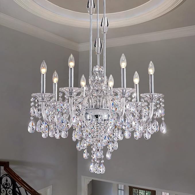 8-Light Crystal Candle Chandelier, Chrome Chandelier for Dining Room, Entryway & Living Room, Adjustable Height, E12 Base