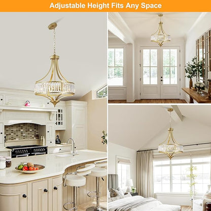 CNRATYE 20" Modern Crystal Chandelier, 5-Light Gold Dinning Room Light Fixtures Over Table, Hanging Round Pendant Chandelier for Kitchen Island Entryway Bedroom Office Bathroom Stairwell