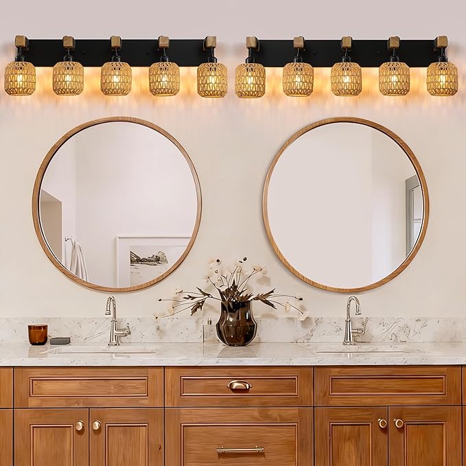 LmnLvn 36" Boho Bathroom Light Fixture, 5-Light Farmhouse Vanity Light, Rattan Bathroom Light Fixture Over Mirror Rustic Vanity Lighting with Handwoven Shades, Suit for Restroom, Bedroom, Hallway