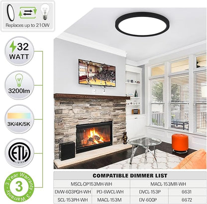 hykolity 18 Inch LED Round Flat Panel Light, Black, 32W, 3200lm, 3000K/4000K/5000K CCT Selectable, 120°Beam Angle, Dimmable Edge-Lit Flush Mount Ceiling Light Fixture - ETL Listed