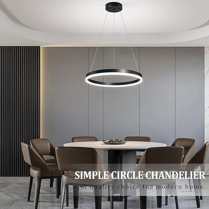 20" Modern Black Led Chandelier Ring Dimmable LED Chandeliers with Remote Control for Kitchen Island Height Adjustable Chandelier Led Pendant Light for Living Room Dining Room Bedroom Foyer