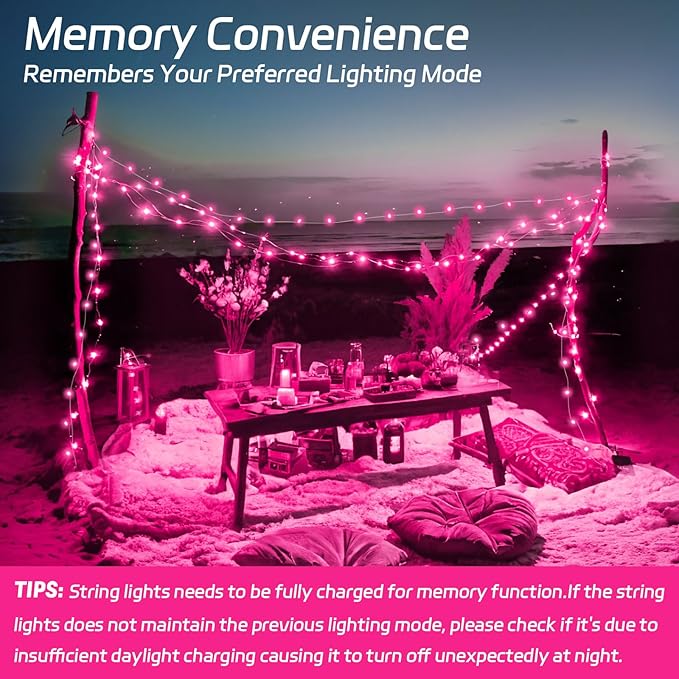Solar Fairy Lights Pink Outdoor Waterproof,16.4ft 50LED Solar String Lights Pink for Outside 8 Modes 2 Packs for Girls Patio Backyard Garden Deorations Pink