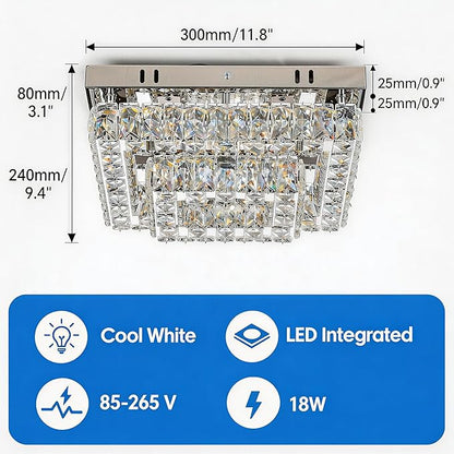 Finktonglan Modern 2-Tier Crystal Flush Mount Ceiling Light, 11.8" Rectangular LED Ceiling Fixture with Multi-Faceted Crystal Prisms, Cool White, 24W Low Profile for Kitchen Dining Hallway
