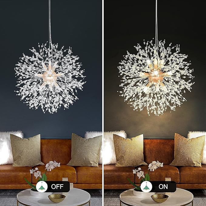 SineRise Modern Crystal Chandeliers Firework, Crystal Light Fixture, Dandelion Chandelier (9-Light, Gold) for Foyer Hallway Entryway Kitchen Bedroom