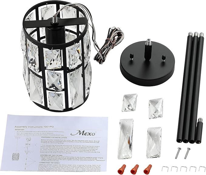 MEXO Black Crystal Pendant Light Fixture Modern Hanging Lighting Mini Crystal Chandelier for Kitchen Island Dinning Room Living Room Hallyway Porch Bedroom Lamp