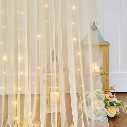 20×12ft Champagne Tulle Backdrop Curtain with Lights String for Parites Sheer Fabric Backdrop Curtains for Wedding Baby Shower Birthday Party Backdrop Drapes Photo Shoot Background 4 Panels 5ft×12ft