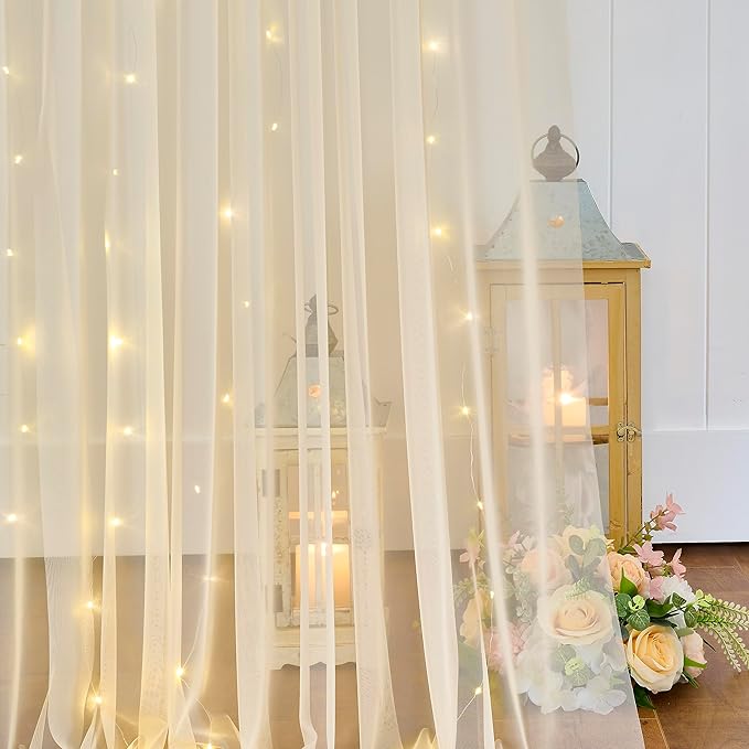 10×15ft Champagne Tulle Backdrop Curtain with Lights String for Parites Sheer Fabric Backdrop Curtains for Wedding Baby Shower Birthday Party Backdrop Drapes Bridal Shower Photo Shoot Background