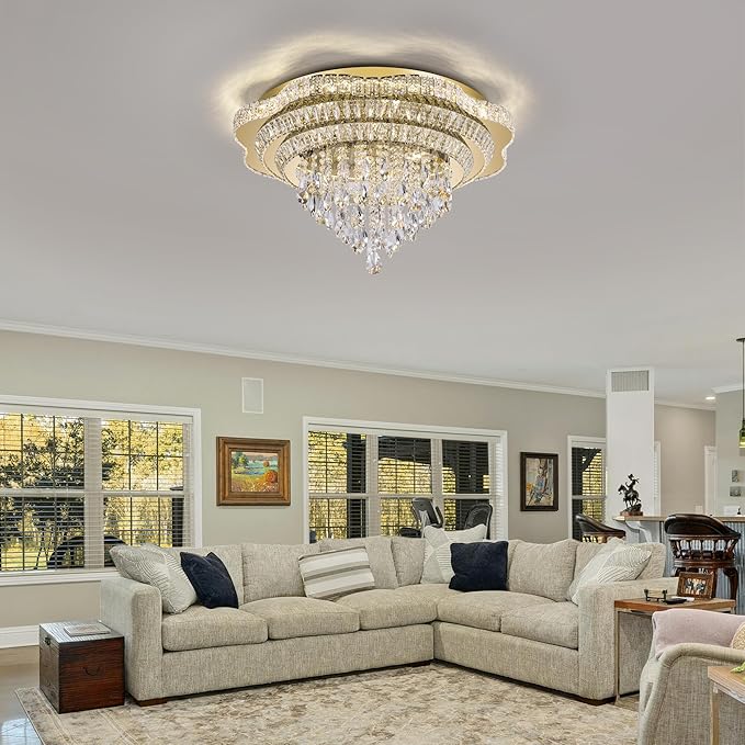 30" Gold Crystal LED Ceiling Light Fixture with Remote Control,Large Flush Mount Chandelier with 3-Color Dimmable for Living Room Bedroom Dining Room