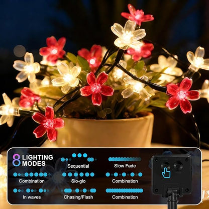 2 Pack Total 52FT 120 LED Solar String Lights Outdoor Waterproof Flower Fairy Lights for Garden Fence Patio Yard Christmas Tree Lawn Wedding Party Decor, Red and Warm White