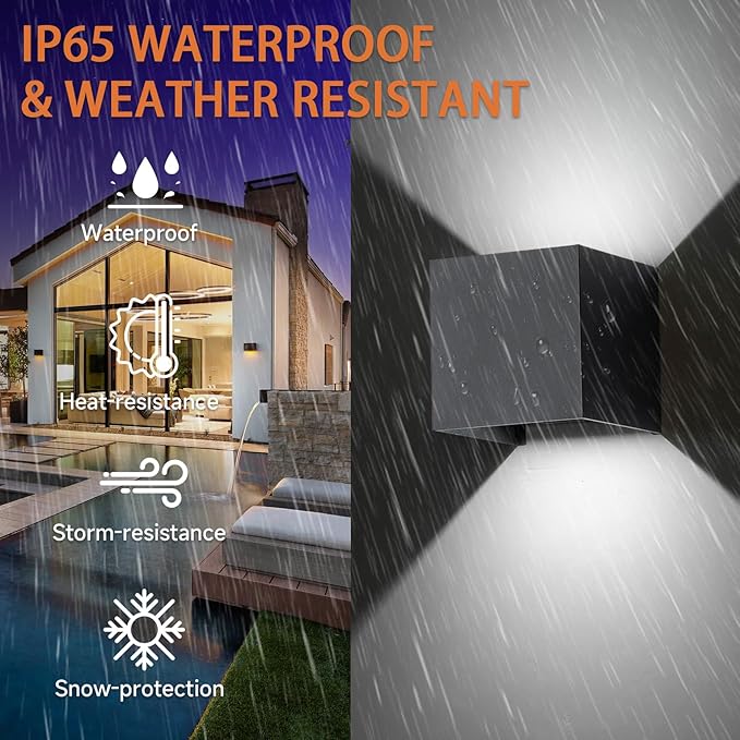 2 Pack LED Outdoor Wall Sconces Exterior/Interior,Modern Black Square Aluminum Wall Light Fixture Set,Variable Beam IP65 Waterproof Lights.15W 3-Color-Changeable Up and Down Outdoor Lighting Fixtures.