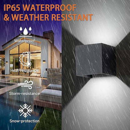 2 Pack LED Outdoor Wall Sconces Exterior/Interior,Modern Black Square Aluminum Wall Light Fixture Set,Variable Beam IP65 Waterproof Lights.15W 3-Color-Changeable Up and Down Outdoor Lighting Fixtures.