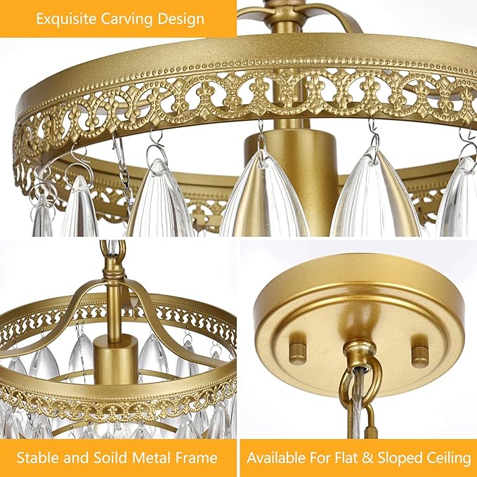 Vintage 5-Tier K9 Raindrop Crystal Chandelier,Gold Crystal Chandeliers with Metal Frame, Crystal Pendant Light for Bathroom,Foyer,Corridor,Closet,9-inch Wide,1-Light
