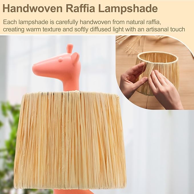 13.7 Inch LED Giraffe Table Lamp, Resin Animal Desk Lamp with Handcrafted Raffia Shade, Unique Decorative Light, Cute Desk Lamps for Nightstand, Bedroom, Playroom, Nursery, Pink