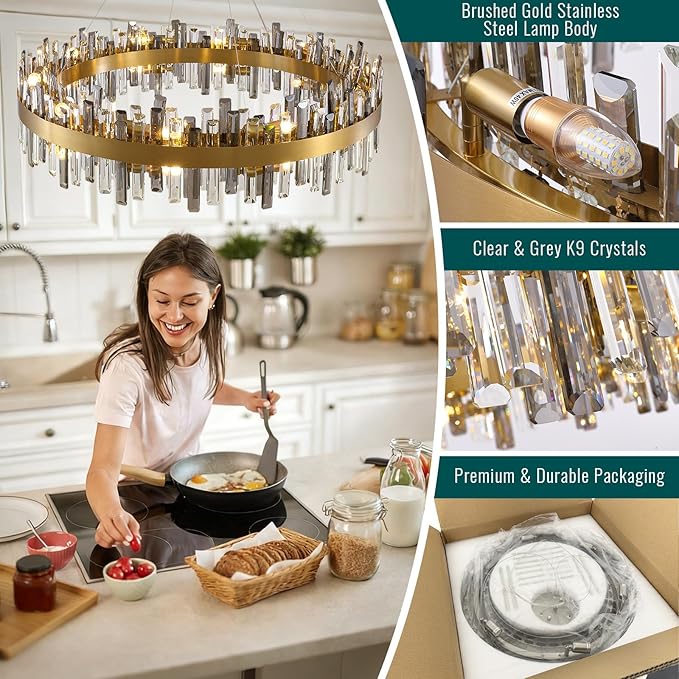 Siljoy Modern Crystal Chandelier 20 Lights Large Brushed Brass Gold Round Raindrop Chandelier Luxury 2-Tier K9 Crystal Pendant Ceiling Light for Dining Living Room Kitchen Foyer D39.4''