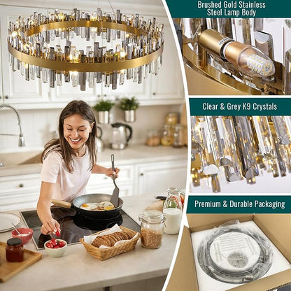 Siljoy Modern Crystal Chandelier 20 Lights Large Brushed Brass Gold Round Raindrop Chandelier Luxury 2-Tier K9 Crystal Pendant Ceiling Light for Dining Living Room Kitchen Foyer D39.4''