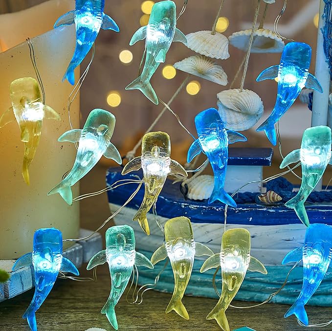 Nautical Theme Ocean Décor Outdoor Beach Decorative String Lights Whale Shark Cute Marine Life Novelty Night Lights 30LED 10ft Battery Operated for Outdoor Indoor Decor