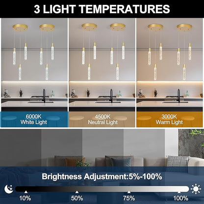 3 Light Pendant Lights Kitchen Island,Modern LED Bubble Crystal Pendants with Dimmable 3000K-6000K Ceiling Hanging Light Fixture for Dining Room Bedroom,Gold Finish,Adjustable Height 59"
