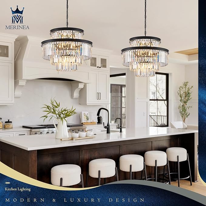 15 Lights Black Crystal Chandeliers 22" 4-Tier Luxury K9 Crystal Lighting Modern Round Ceiling Pendant Light Fixture for Living Room Dining Room Bedroom Kitchen Foyer