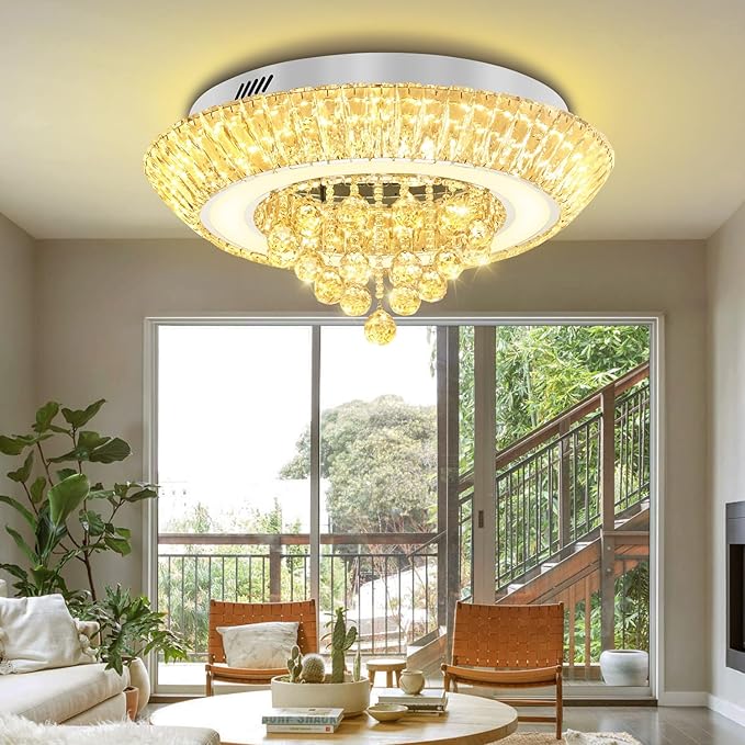 Modern Led Crystal Chandelier for Living Room Crystal Raindrop Chandeliers for Dining Room, Bedroom 24in Silver Flush Mount Chandelier Ceiling Light with Remote