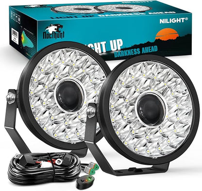 Nilight 9 Inch LED Offroad Driving Lights with DRL 2 PCS 160 W Round Hyper Spot Beam Offroad Light w/ 12 AWG DT Connector Wiring Harness Kit for Jeep Truck ATV UTV SUV