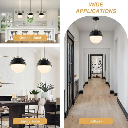 Globe Pendant Lights Kitchen Island, Black and Gold 11.4 Inch Pendant Light Fixtures with Milk Globe Glass Shade, Pendant Lighting for Dining Room Cafes Restaurants Living Room