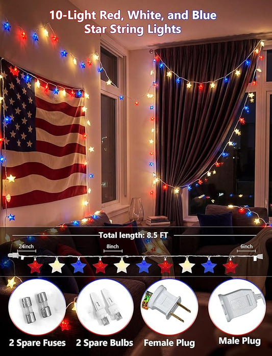 8.5Ft Red White and Blue Lights, 4th of July String Lights Plug in with 10 Five Star LED Bulbs, Fourth of July Decorations for Independence Day Patriotic Party, White Wire