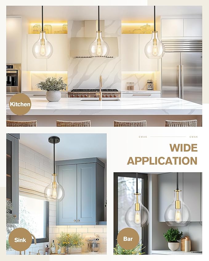 Emak 2 Pack Modern Pendant Lights Kitchen Island, Black and Gold Pendant Light Fixtures with Clear Glass Shade, Farmhouse Hanging Lights for Kitchen, Dining Room, Bathroom, PL125-BKBGD-CG-2PK