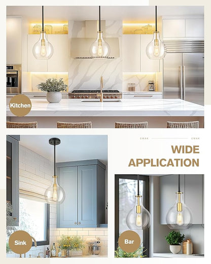 Emak 2 Pack Modern Pendant Lights Kitchen Island, Black and Gold Pendant Light Fixtures with Clear Glass Shade, Farmhouse Hanging Lights for Kitchen, Dining Room, Bathroom, PL125-BKBGD-CG-2PK