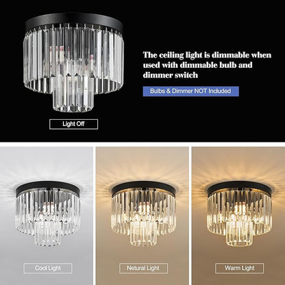 12.6" Black Crystal Ceiling Light 4-Light Modern Fixture 2-Tier Luxury K9 Crystal, for Dining Room Kitchen Island Living Room Bedroom