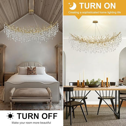 Modern Crystal Gold Chandelier,63" Large Rectangular Lving Room Chandeliers for Dining Room, Tree Branch Crystal Dining Room Over Table Chandelier
