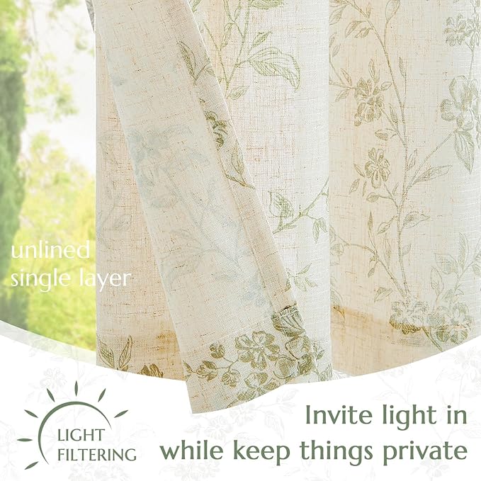 jinchan Floral Linen Kitchen Curtains with Attached Valance 24 Inch Length Farmhouse Cafe Tier Curtains for Living Room Bathroom Rustic Half Window Light Filtering Small Drapes 2 Panels Green