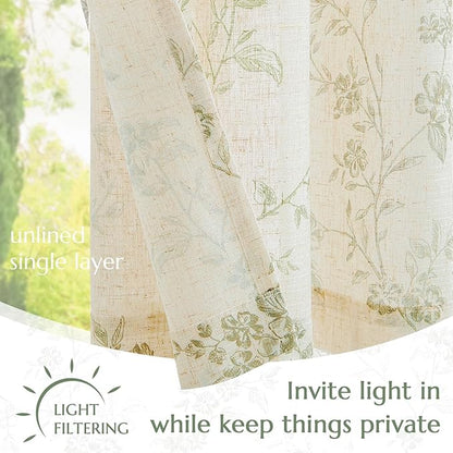 jinchan Floral Linen Kitchen Curtains with Attached Valance 36 Inch Length Farmhouse Cafe Tier Curtains for Living Room Bathroom Rustic Half Window Light Filtering Small Drapes 2 Panels Green