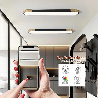 Qcyuui 4.59FT LED Flush Mount Kitchen Light Fixtures 65W Dimmable Flush Mount Ceiling Light Fixture Black and Gold Led Ceiling Light Linear LED Ceiling Lamp for Laundry Shop Garage Office