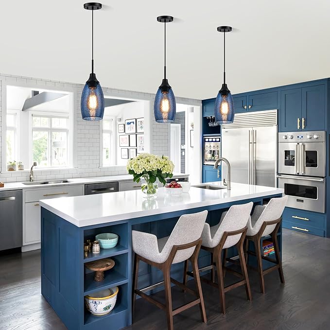 Viinew Mini Glass Pendant Light 1-Pack Handblown Clear Dark Blue Seeded Glass Shade Adjustable Cord Ceiling Light Fixture for Kitchen Island Sink 4.72"