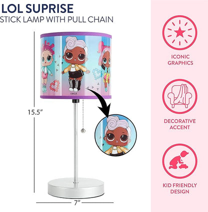 LOL Surprise Kids Stick Table Lamp,Pull Chain On/Off with Themed Printed Decorative Shade, Bedroom & Playroom Lighting