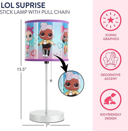 LOL Surprise Kids Stick Table Lamp,Pull Chain On/Off with Themed Printed Decorative Shade, Bedroom & Playroom Lighting