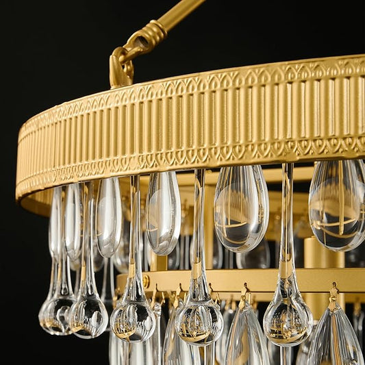 Gold Modern Raindrop Crystal Chandelier: 28" Round K9 Crystals 6-Light Contemporary Chandeliers for Dining Room Lights over Table - 3 Tiers Light Adjustable for Bedroom Living Kitchen Entryway Foyer